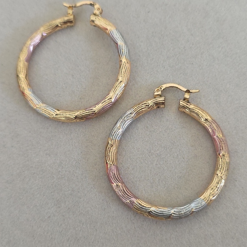 Gold Filled Tricolor Hoop Earrings with Diamond Cut Design 1.5"